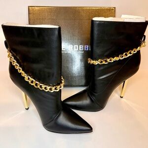 Gold Chain Stiletto Ankle Booties by Cape Robbin - Black w/ 5” Gold Dagger Heel